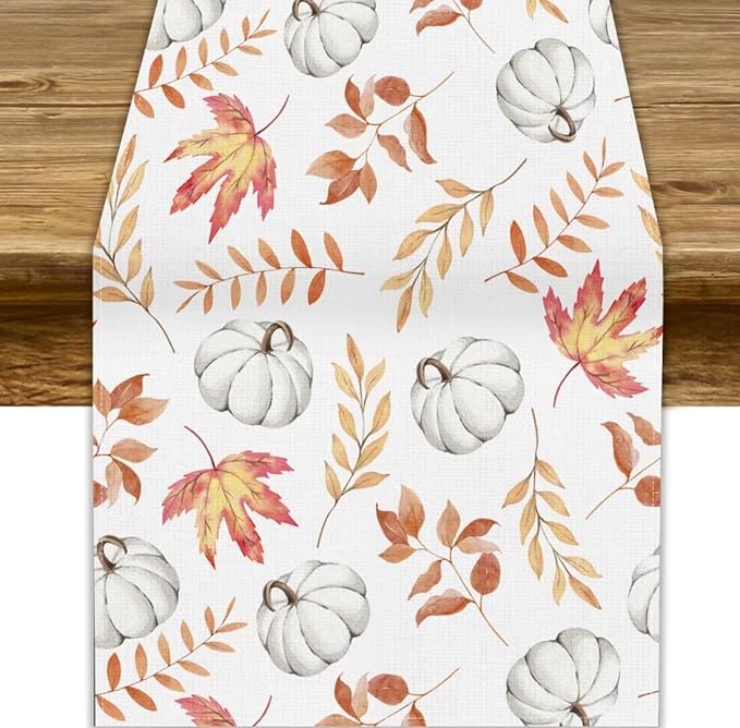 Autumn Pumpkin Table Runner, Watercolor Fall Maple Leaves Pumpkins Harvest Thanksgiving Table Runner for Holiday Dining Room Kitchen Table Party Decor, 13x120inch