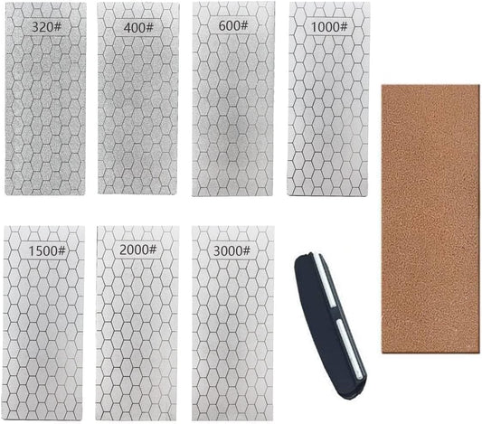 Diamond Sharpening Stone, Knife Sharpener Stone Whetstone Honeycomb Surface Plate with Non-slip Base for Pocket Knives Scissors (320/400/600/1000/1500/2000/3000 Grit，with Angle Guide and Leather)