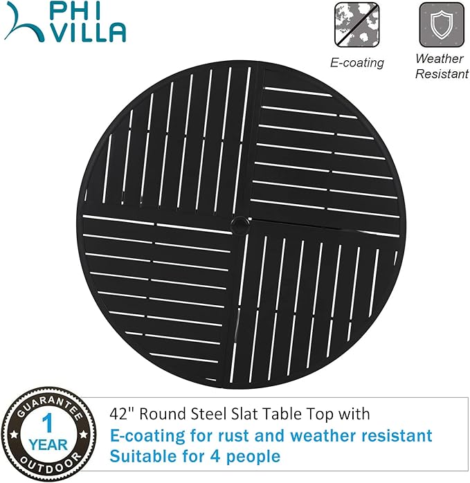 PHI VILLA Outdoor Round Dining Table for 4, 42" Large Metal Wrought Iron Table with Umbrella Hole, All Weather Dining Furniture for Patio, Deck, Yard, Porch - Black