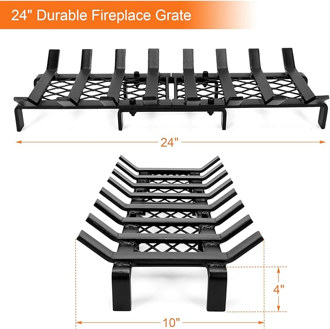 24" Fireplace Grates with Ember Retainer,Fireplace Wood Holder for Inside Fireplace, Fireplace Log Grate for Wood Stove