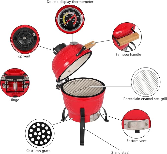 VINGLI 13" Kamado Grill Charcoal Grills Portable Barbecue Grill BBQ Kettle Stand Lid Perfect for Outdoor Camping Patio Backyard Picnic