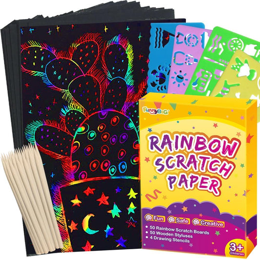 FUNNYB&G Rainbow Scratch Paper Art for Kids - 200 Pcs Magic Rainbow Scratch Paper Off Set Scratch Crafts Arts Supplies Kit Pads Sheets for Party Games Halloween Christmas Birthday Gifts