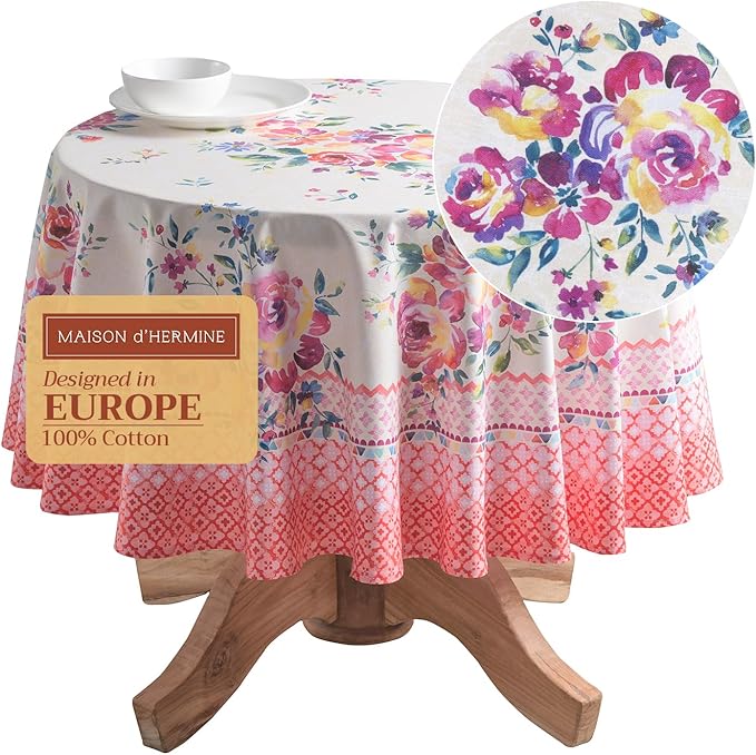 Maison d' Hermine Table Cloth Round Table 100% Cotton 69 Inches Tablecloth Reusable Decorative Everyday Use for Dining Room, Farmhouse, Home, Party, Festive & Wedding Spring Summer - Rose Garden