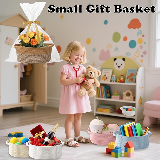 Gift Basket with Gift Bag and Ribbons,Small Rope Woven Shelf Storage,Baskets for Gifts Empty,Birthday,Baby Shower,Decorative Organizer Box with Handles(Jute&Mixed Brown)