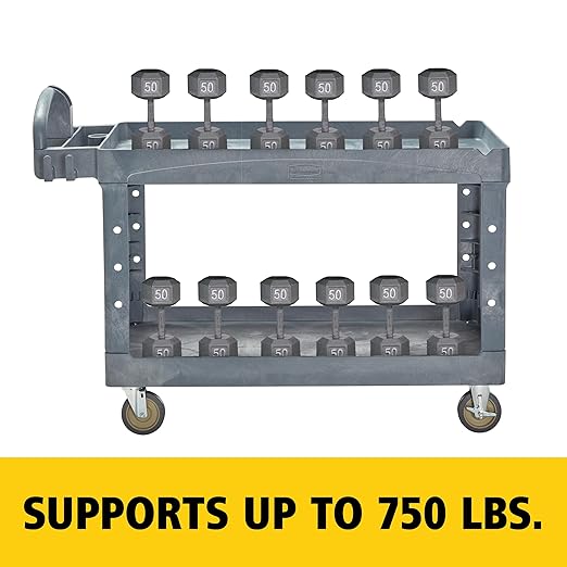 Rubbermaid Commercial Products BRUTE Heavy Duty 2-Shelf Utility/Service Cart, Large, Lipped Shelves, Ergonomic Handle, 750 lbs. Capacity, Black, for Warehouse/Garage/Cleaning/Maintenance/Stadiums