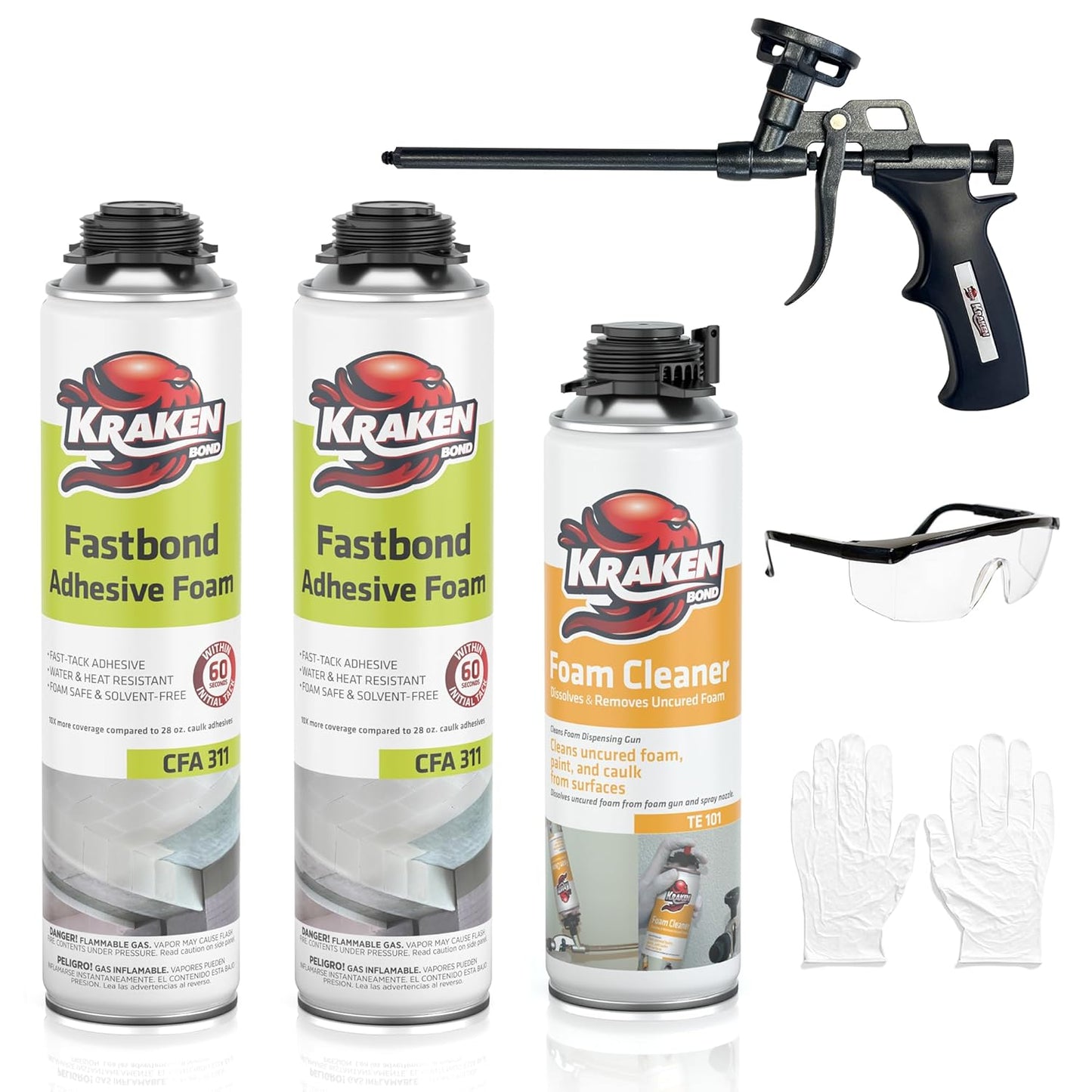 Kraken Bond Fastbond Spray Foam Adhesive (2x24oz.) - Heavy Duty Construction Adhesive for Insulation, Wall & Facade, Concrete, Stone, Subfloor, XPS & EPS Foam Board, Gun&Cleaner Included | 2 Pack