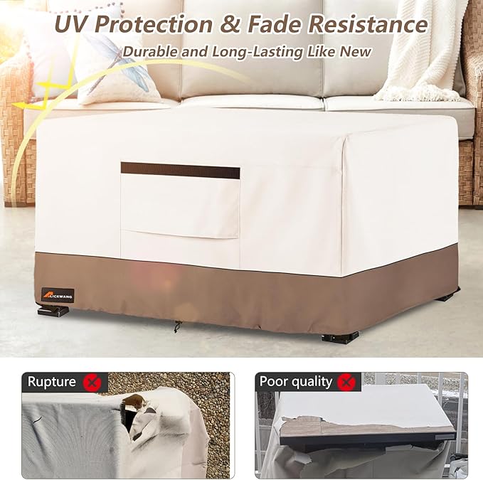 Fire Pit Cover Rectangular, Outdoor Heavy Duty 600D Tear-Resistant 100% Waterproof 52 Inch Fire Table Cover Rectangle, Patio Weatherproof Rectangular Fire Table Protector, Beige 52" L x 34" W x 24" H