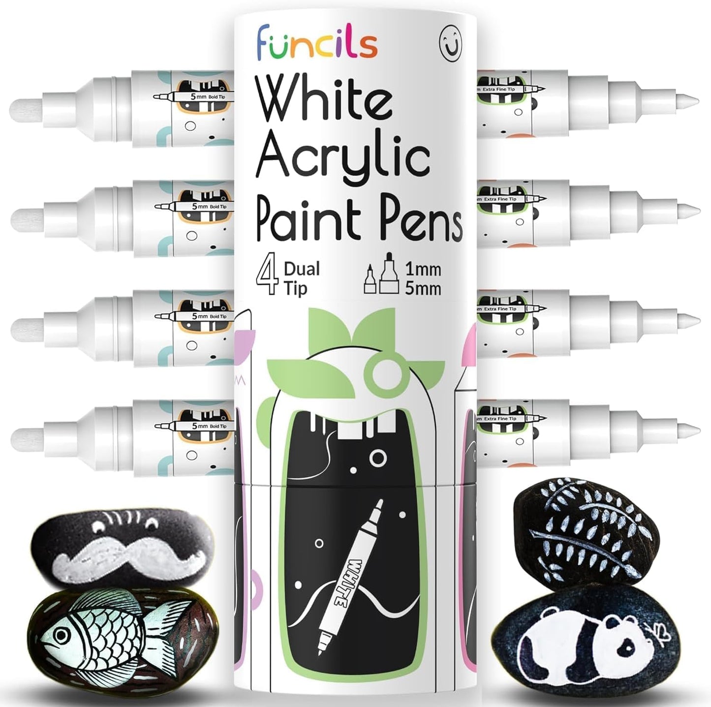 4 Dual Tip White Paint Pen - Extra Fine Tip & Medium - Permanent ink, White Acrylic Paint Pen for Wood, Fabric, Glass, Plastic, Ceramic, Rocks, Coloring Book Art - Acrylic Markers, Quick Dry