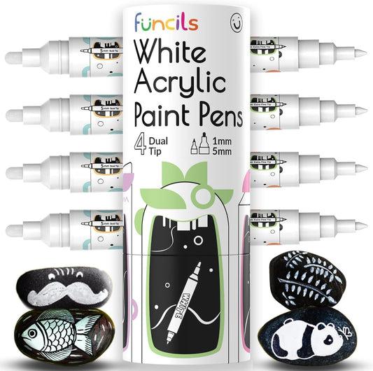 4 Dual Tip White Paint Pen - Extra Fine Tip & Medium - Permanent ink, White Acrylic Paint Pen for Wood, Fabric, Glass, Plastic, Ceramic, Rocks, Coloring Book Art - Acrylic Markers, Quick Dry