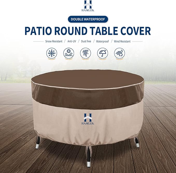 HAMLER Round Outdoor Table Cover, Heavy Duty Outdoor Table Chair Set Covers with Air Vents and Handles, Patio Table Cover Fits up to 62" D x 27.5" H, Brown & Beige