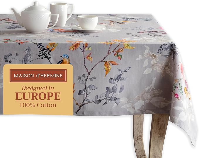 Maison d' Hermine Table Cloth Rectangle Table 100% Cotton 60 x 108 Inches Fall Tablecloth Reusable Everyday Use for Thanksgiving Christmas Decorations Dining Farmhouse Party (Equinoxe - Grey)
