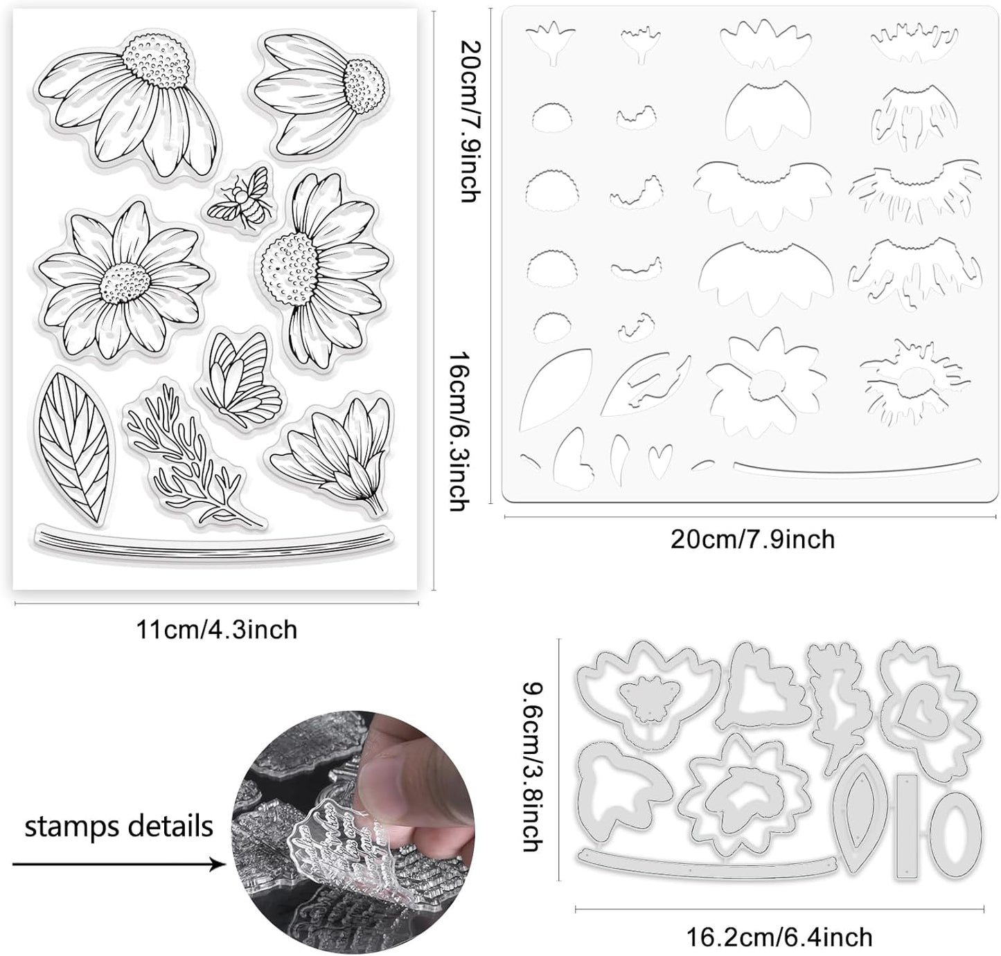 ORIGACH Daisy Flower Stamps and Dies and Layering Coloring Stencil Set, Silicone Stamps Metal Die Cut and Layering Stencil Template with Daisy Pattern for Card Making Scrapbooking DIY Crafting