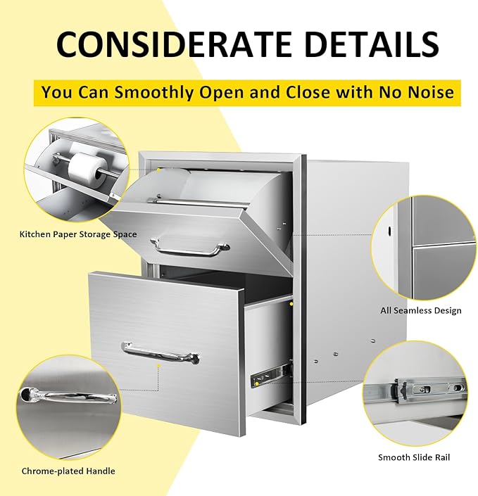 Outdoor Kitchen Drawers with Paper Towel Holder 16" W x 20" H x 20" D Flush Mount BBQ Drawers with Chrome Handle,Stainless Steel Built-in Double Access Drawers for Outdoor Kitchen Island
