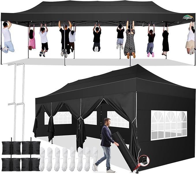 COBIZI 10x30 Pop up Canopy Tent 10x30 Canopy with Sidewall Waterproof Heavy Duty Commercial for Parties Outdoor Garden Gazebo Tent, Carry Bag with Wheel(10x30ft with Sidewalls,Black)