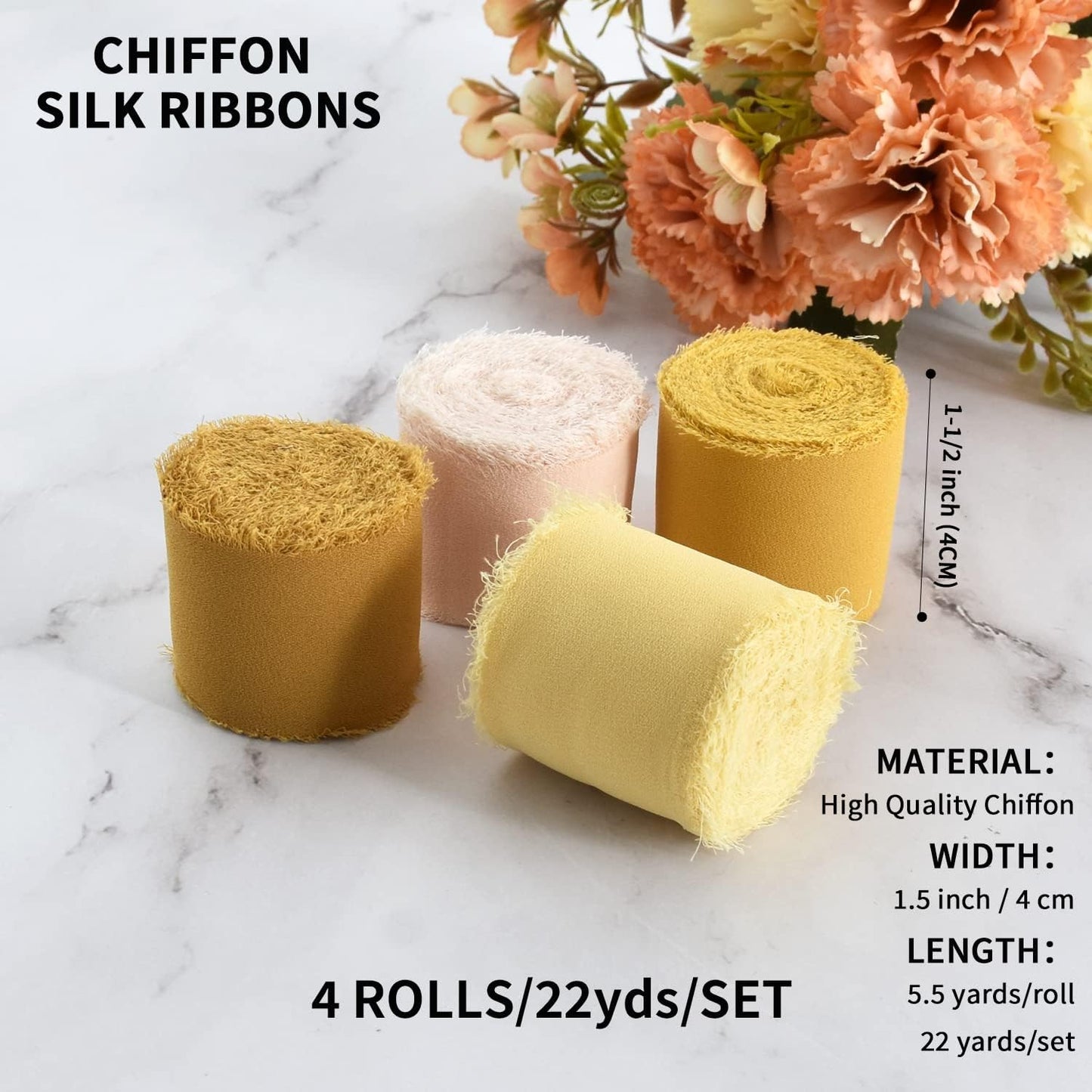 TONIFUL 4 Rolls Silk Chiffon Ribbon, 1-1/2 Inch x 22yds, Gold Chiffon Ribbons Set, Handmade Fringe Silk Ribbon for Gift Wrapping Bridal Bouquets Wedding Invitations Decoration Crafts
