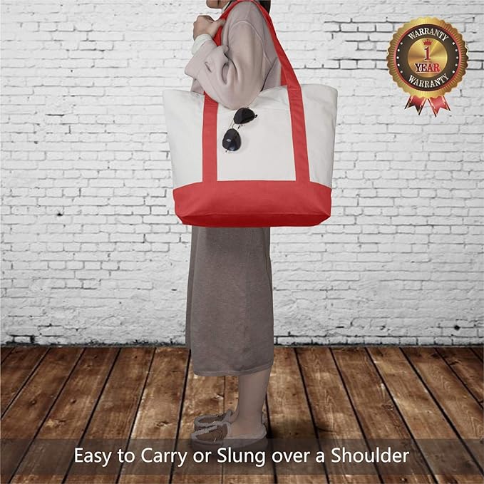 TOPDesign 1-Pack Canvas Tote Bag with an External Pocket, Reusable Grocery Shopping Bag, Top Zipper Closure, Daily Essentials (Red/Natural)