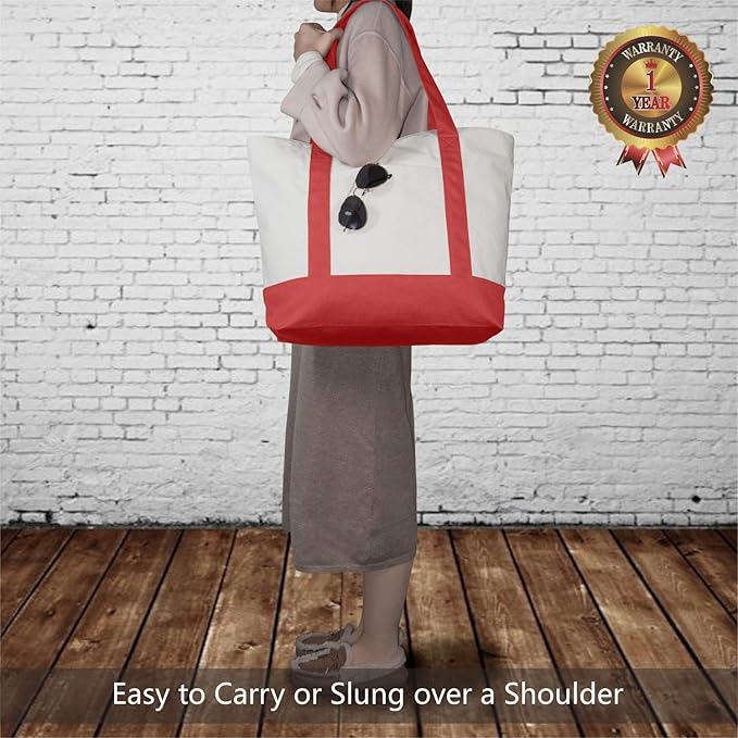 TOPDesign 6-Pack Canvas Tote Bags with an External Pocket, Reusable Grocery Shopping Bags, Top Zipper Closure, Daily Essentials (Red/Natural)