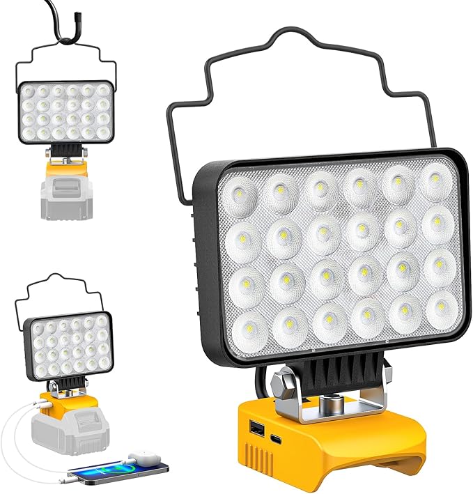 Ecarke LED Work Light Compatible with DeWALT Battery, Ecarke 20v Work Light with Low Voltage Protection, 88W 8800Lumen Portable Light, USB & Type-C Charging Port Cordless Light for Job Site & Outdoor