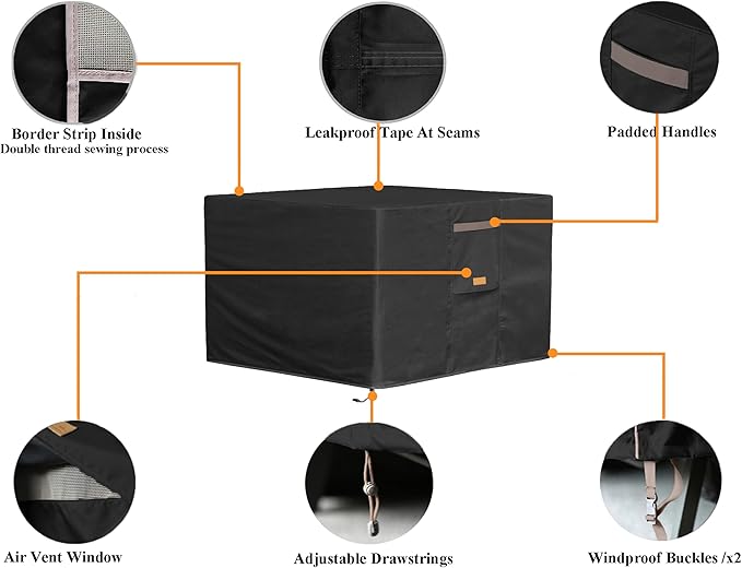 Fire Pit Cover 600D Heavy Duty Waterproof Fabric With PVC Coating Square 44" Wx 44" D x 24" H Black Fits for 41-44 Inch Fire Pit Table Fade Resistant Outdoor Firepit Cover