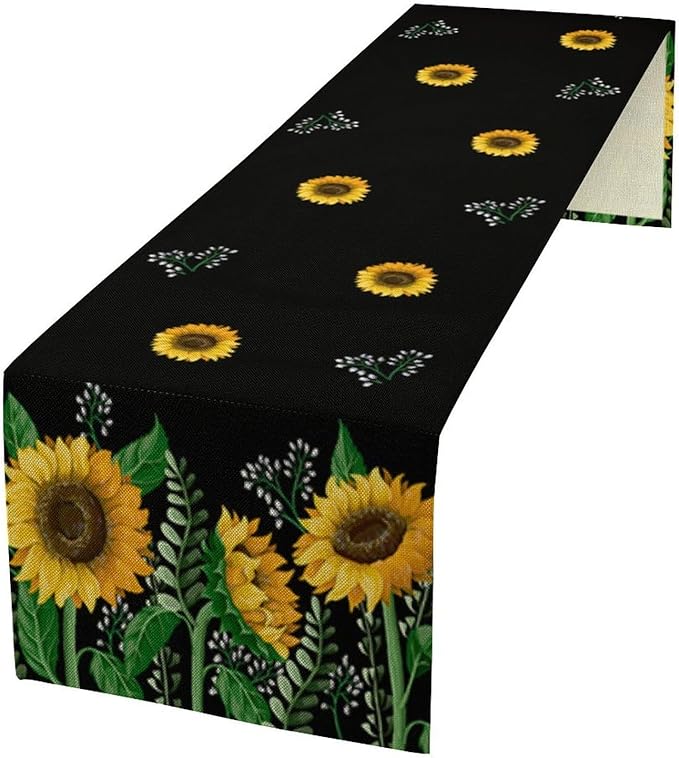 Sunflower Table Runner,Spring Summer Watercolor Floral Plants Leaves Print Table Runner for Kitchen Dining Table Home Holiday Party Indoor Outdoor Decor 13x70in