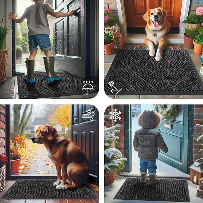 Smiry Front Door Mat Outside Entrance, Heavy Duty Outdoor Indoor Natural Rubber Doormat, Non Slip, Trap Dirt and Moisture, Easy Clean, Low Profile Patio Porch Entryway Mat, 29.5x17, Silver Grey