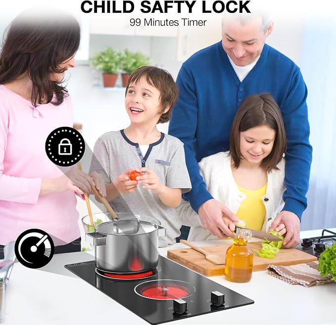 2 Burner Electric Cooktop, 2100W Electric Stove Top Hot Plate, 12 inch Countertop Burner & Built-In Stove Top, 9 Levels of Power, Knob Control, Timer & Kid Safety Lock, Residual Heat Warning