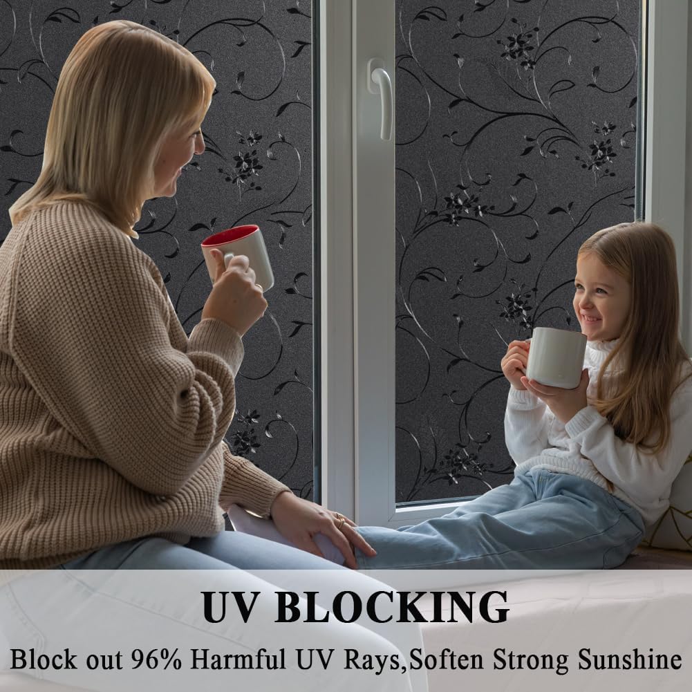 Mikomer Total Blackout Window Film,100% Light Blocking Privacy Glass Door Film Etched Flowers,Room Darkening Window Cling,No Glue/Heat Control/Anti UV for Day Sleep & High Privacy,17.5In. by 157In.