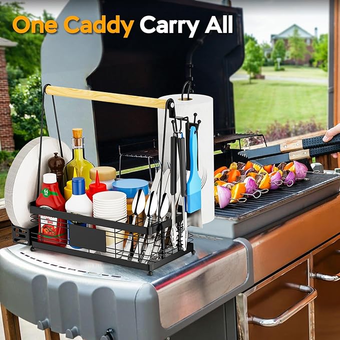 Grill Caddy with Plate Holder and Paper Towel Holder, Picnic BBQ Condiment Utensil Organizer Caddy for Outdoor Cooking, Camping Essential, Camper Must Haves, Grilling Gifts for Men