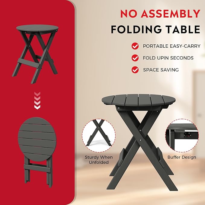 Costaelm Paradise HDPE Outdoor 24.5 Inch Round Portable Folding Patio Dining Table, Gray