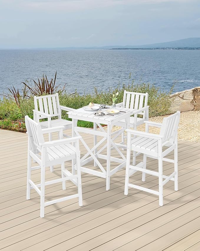 5 Pieces Adirondack Bar Chairs Set, HDPE Patio Bar Height Table and Chairs, Tall Adirondack Outdoor Bar Stools Set, HDPE Patio Bar Sets Furniture for Garden, Poolside, Bistro, Pearl