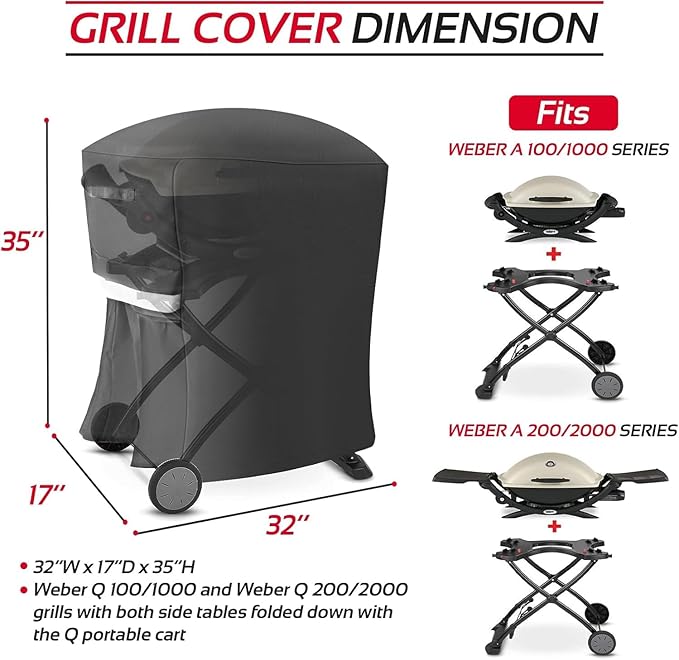 7113 Grill Cover for Weber Q Series, 600D Anti-Fade Compatible with Q100 Q120 Q1000 Q200 Q220 Q2000 2400 Q2200 Q1200 Gas Grills, Fits Weber 50060001 51060001 54060001 Waterproof Anti-Fade Grill Cover