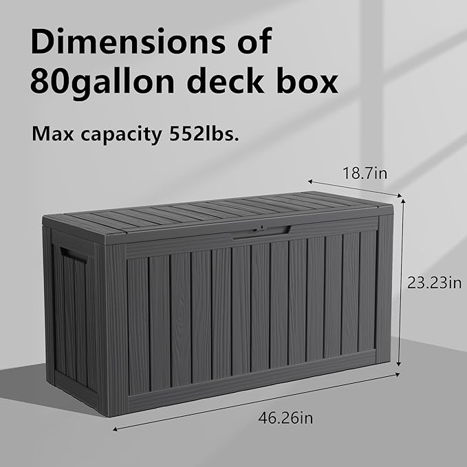 80 Gallon Outdoor Storage Box – Resin Deck Box with Lockable Lid, Waterproof Patio Furniture Storage for Tools, Garden & Yard Organization (Black)