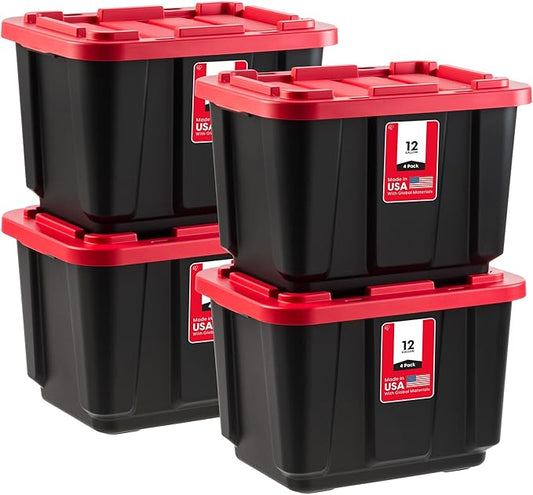IRIS USA 4-Pack 12 Gallon Storage Bins with Lids |Made in USA| Heavy Duty Plastic Tote Containers for Truckbed Tool Box Organization, Large - Red