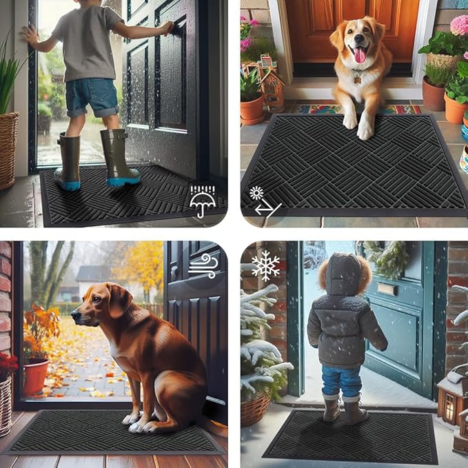 Smiry Front Door Mat Outside Entrance, Heavy Duty Outdoor Indoor Natural Rubber Doormat, Non Slip, Trap Dirt and Moisture, Easy Clean, Low Profile Patio Porch Entryway Mat, 47x23, Black