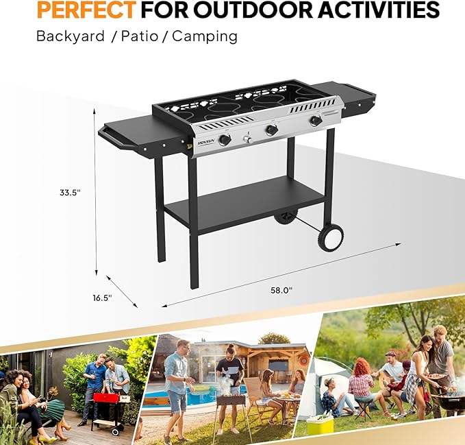 ROVSUN 3 Burner Propane Stove with Auto Ignition, 225,000 BTU Gas Stove with Side Shelves, Rolling Wheels & Regulator for Home Outdoor Backyard Camping Cooking Frying Brewing Canning