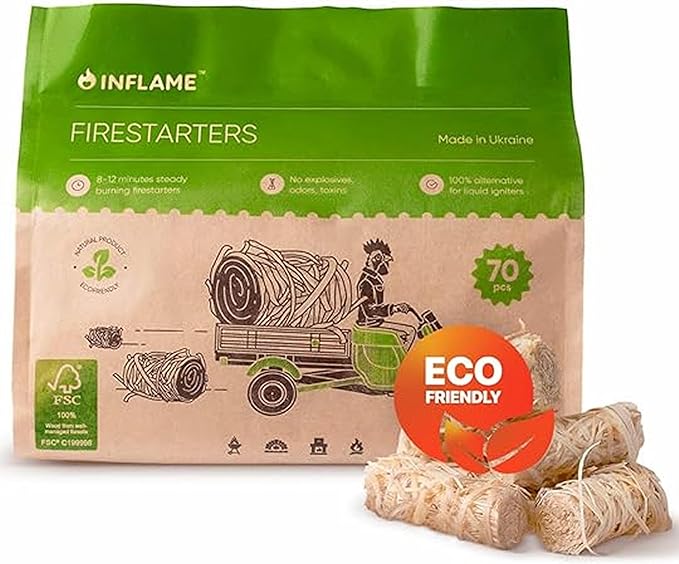 Inflame Fire Starters 70 pcs Fire Starters for Campfires, Grill, BBQ, Fireplace, Woodstove - Charcoal Starter - Waterproof, Weather-Resistant - Natural Wood Fireplace Starters