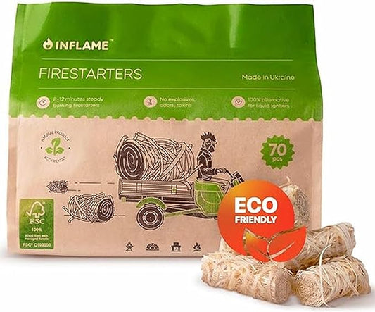 Inflame Fire Starters 70 pcs Fire Starters for Campfires, Grill, BBQ, Fireplace, Woodstove - Charcoal Starter - Waterproof, Weather-Resistant - Natural Wood Fireplace Starters