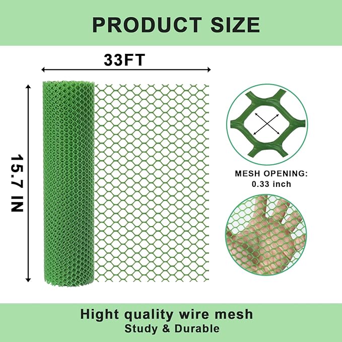 vensovo Plastic Wire Mesh 16IN x 33FT Roll - Green Chicken Wire Fencing for Poultry, Gardening Barrier, Balcony Guard for Cats and Dogs, Floral Craft Mesh with 60 Zip Ties