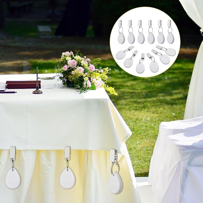 Geiserailie 12 Pcs Tablecloth Weights Tablecloth Pendant Teardrop Shape Table Cover Weights with Metal Clips for Outdoor Picnic Garden Dinner Table Cover Decoration(White)