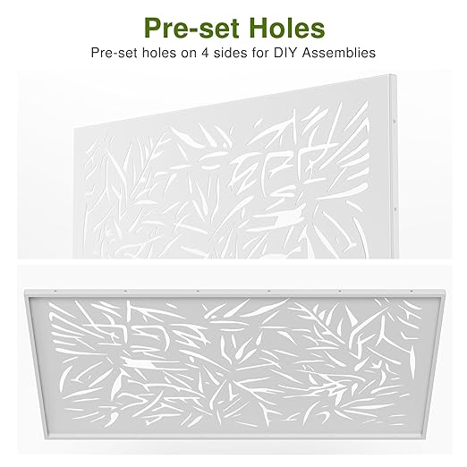 Casaphoria 72" H x 47" W Metal Outdoor Privacy Screen, Freestanding Decorative Divider for Patio, Deck, Balcony, and Garden with Stable Base, White Bamboo Leaves