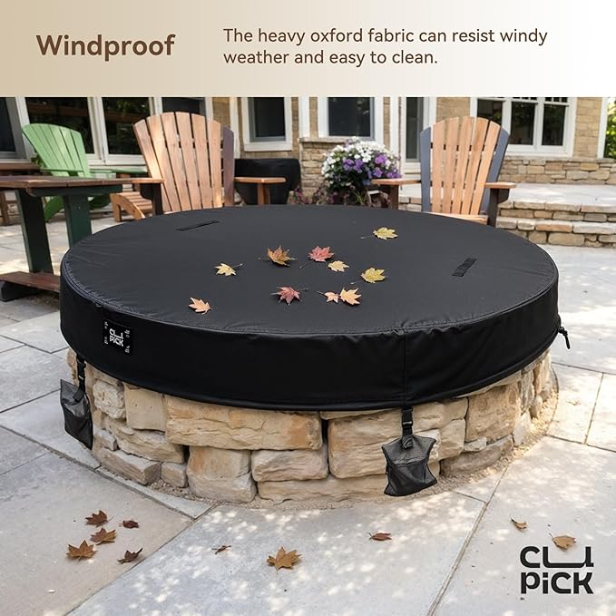 Outdoor Fire Pit Cover Round,In Ground Fire Pit Cover with Sandbag,Heavy Duty Waterproof Firepit Cover,Suitable for 56-60 Inch Round Built in Stone Firepits,Black