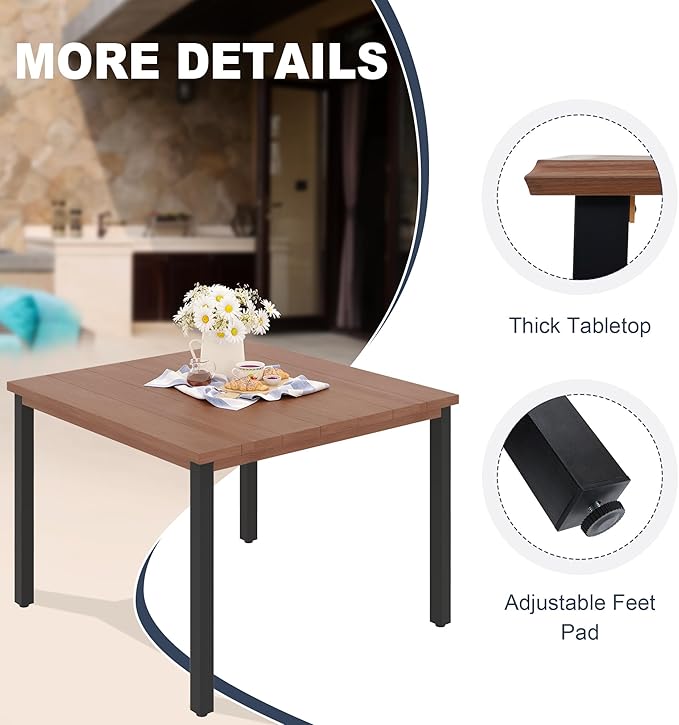 VICLLAX Outdoor Patio Dining Table for 4, Metal Square Patio Table with Umbrella Hole for Backyard Porch, Walnut 40.2"