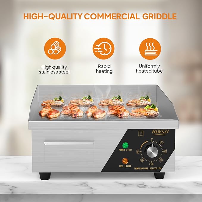 ROVSUN 14" Electric Countertop Flat Top Griddle, 1500W Electric Griddle, Teppanyaki Grill Stainless Steel with Adjustable Temperature Control 122°F-572°F for Home Restaurant Commercial