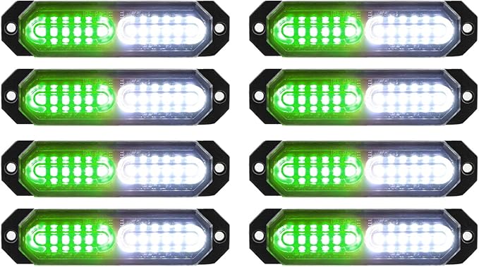 ASPL 8pcs Sync Feature Ultra Slim 12-LED Surface Mount Flashing Strobe Lights for Truck Car Vehicle LED Mini Grille Light Head Emergency Beacon Hazard Warning Lights (Green/White)