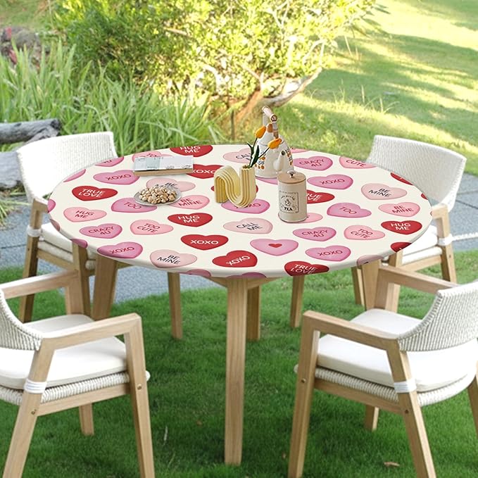 Valentines Day Round Fitted Tablecloth with Elastic Pink Red Love Hearts Circle Table Cloth for 36-40" Round Tables Wipeable Waterproof Valentines Decorative Table Cover for Picnic Dining Party Decor
