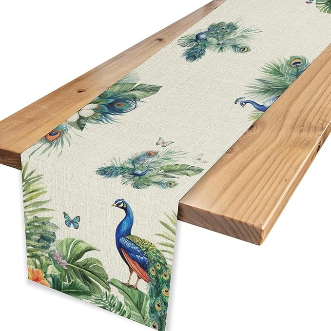 Peacock Table Runner,Traditional Chinese Style Peacock Feather Bird Floral Tropical Leaf Table Center Decor for Home Dining Kitchen Patio Holiday Party Indoor Table Decorations, 13"x108"