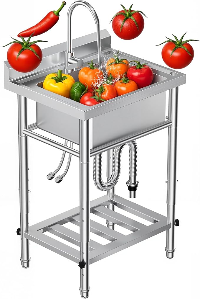 23"W Compact Utility Sink 18/8 Stainless Steel Portable Ergonomic Sinks with 4-Height Adjustable & 360° Swivel Faucet Laundry Room Kitchen Garage Outdoor BBQ RV Basement Hobby Room Bathroom