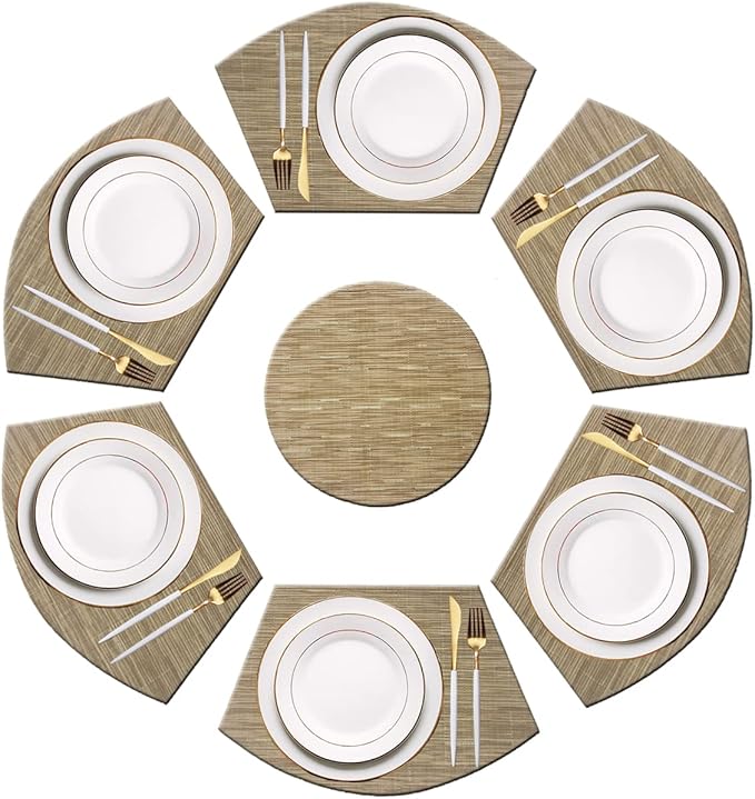 PIGCHCY Wedge Shaped Placemats Set of 6 with Centerpiece Round Mats Washable Kitchen Placemats Heat-Resistant Table Mats(Beige)