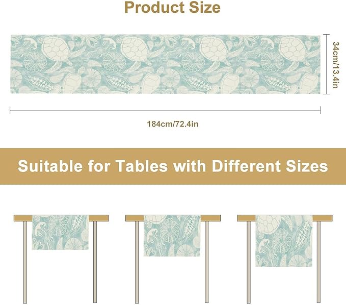 Marine Sea Turtle Table Runner, Ocean Beach Coral Starfish Seashell Table Runner for Kitchen Dining Wedding Party Banquet 13x70in