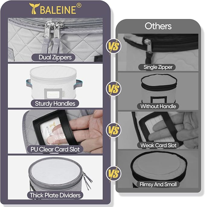 BALEINE China Storage Containers, Sturdy Quilted Wine Glass Storage, Plate Organizer with Carry Handles, Moving Boxes for Dishes, Cups, Mugs and Stemware (Plate Mug Combo, Soft Shell Grey)